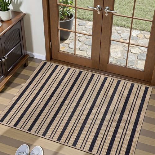 Tangsoo Stripe Easy Jute Rug,Ultra Thin 2x3 Outdoor Rug for Entryway,Non-Slip Washable Small Rug Modern Front Door Mat Throw Carpet for Kitchen Bedroom Porch Doorway - color: Black Stripe-1, size: 2x3ft