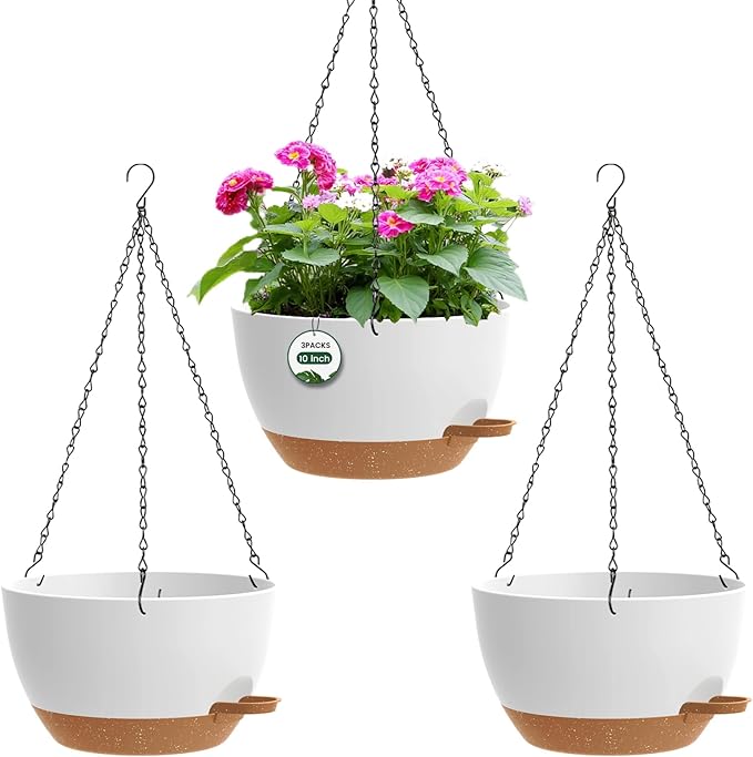 3 Pack 10 Hanging Flower Pots with Chains Self Watering Plastic Planters for Indoor Outdoor Plants, Sturdy Triangular Iron Chain Design for Garden PorchPlastic hanging flower pots (3, White-brown)