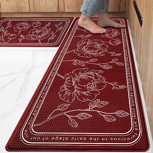 ROTTOGOON Kitchen Floor Mat Set of 2, Cushioned Anti Fatigue Kitchen Mat 20"x32"+20"x47", Non-Slip Waterproof Kitchen Rug, Premium PVC Comfort Kitchen Mats and Rugs for Kitchen, Office, Home, Laundry - color: Red, size: 20"x32"+20"x48"