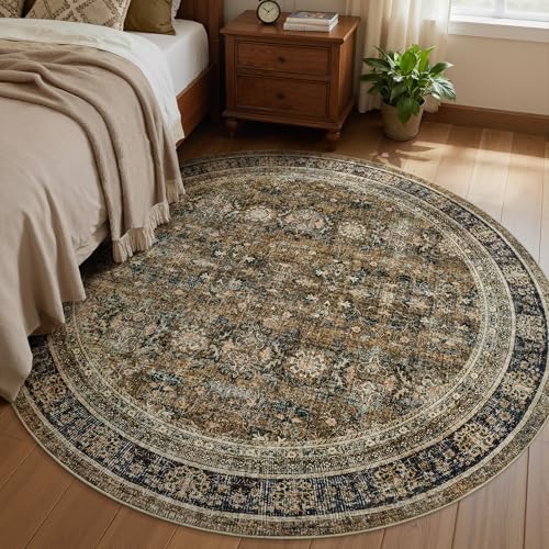 WITSHOCK 8ft Round Area Rugs for Living Room - Washable Vintage Rug Retro Antique Dark Large Non Slip Low Pile Soft Boho Indoor Floor Carpet for Bedroom Dining Room Home Decor, Brown Olive Green - color: Brown/Olive Green/Purple, size: 8' (Round)