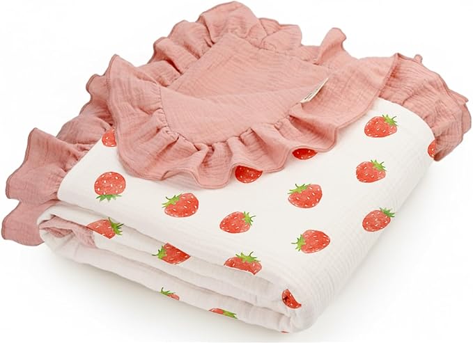 Muslin Ruffled Baby Blanket, Extra Large 52 x 52 Inches, Soft Breathable Cotton Crib Blanket for Newborn Infant Toddler (Blush Berry-Ruffled, Printed)