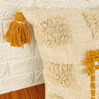 Boho Tufted Tassel Throw Pillow Cover, Mustard Yellow Geometric Square Decorative Cushion Case, Textured Woven Neutral Pillowcase for Couch Sofa Bedroom Home Decor, 18x18 Inch (Pillow Insert Not Inclu