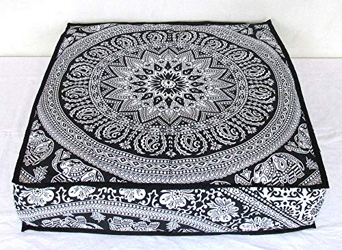 CRAFT KALA Mandala Floor Pillow Cushion Cover Seating Throw Cover Hippie Decorative Bohemian Ottoman Poufs Pom Pillow Cases Boho Indian Cotton Living Room Yoga Home Décor 24" Square Black and Elephant - color: Black and Elephant, size: 24" x 24" (Pack of