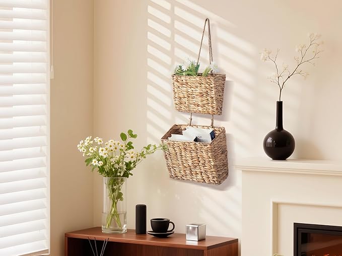 YAHUAN Woven Water Hyacinth Hanging Basket 2-Tiered Storage Baskets Hanging Organizer Hanging Wall Basket for Home,Pantry,Garden, Office Organization (Water Hyacinth)