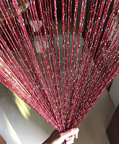 1x2 M Door String Curtain Rare Flat Silver Ribbon Thread Fringe Window Panel Room Divider Cute Strip Tassel for Wedding Coffee House Restaurant Parts, Claret - color: Claret Red