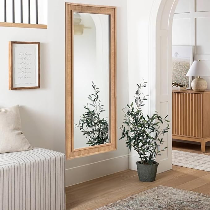 Rattan Full Length Mirror,18"x48" Long Rattan Wall Mirror,Wooden Mirror with Wicker Frame,Decorative Full Body Mirror Hanging,Farmhouse Rectangle Floor Mirror for Bathroom Living Dressing Room Nature