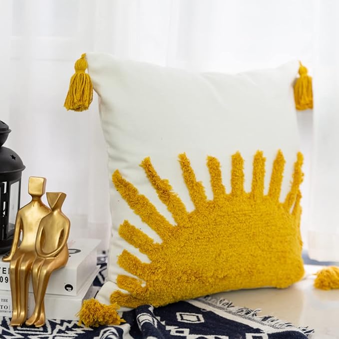 Golden Yellow Sun Woven Tufted Throw Pillow Cover,Boho Ethinc Cozy Cushion Cover for Bedroom Living Room Couch,Regalo para Navidad,18x18 Inches