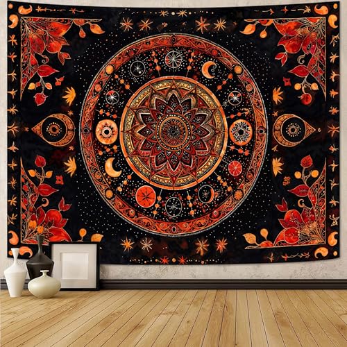 Lunerfex Mandala Moon and Stars Tapestry Boho Tapestry for Bedroom Black and Orange Tapestries Wall Hanging Living Room Wall Art and Home Decor 44x60 - color: Red, size: 60"L x 44"W