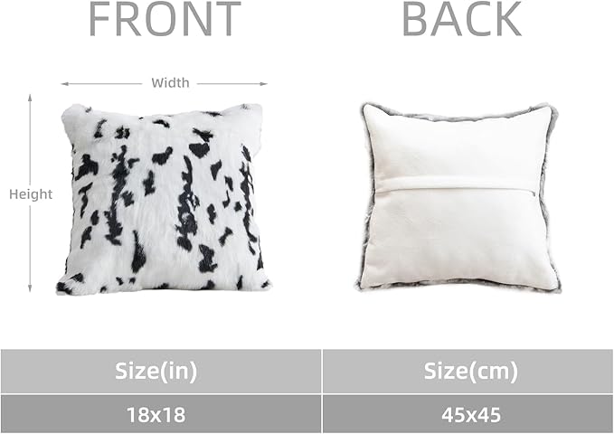 MOOX Rabbit Fur Throw Pillow Covers Decorative Fluffy Soft Fuzzy Plush Luxury Genuine Animal Skin Lumbar Pillow 18"x18" Cushion Cover, Cow Print