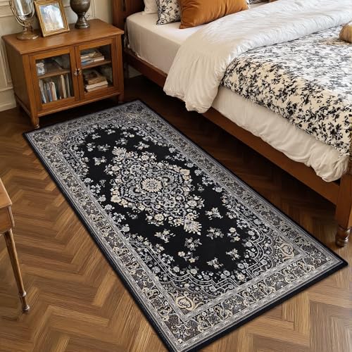 HOMORE Vintage Runner Rug-2x4 Hallway Runner Rug for Entryway Non Slip Washable Bedroom Rug Faux Wool Low Pile Floor Carpet Runner for Kitchen Indoor Front Entrance Laundry Living Room Dorm, Black - color: Black, size: 2' x 4' (Rectangular)