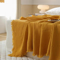 100% Cotton 4-Layer Muslin Blanket with Fringes, 50"x60", Mustard Yellow Throw Blanket, Ultra-Soft Gauze Blanket, Boho Bedding for All Seasons, Breathable for Couch, Bed(Mustard Yellow,Throw)