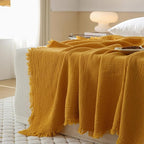 100% Cotton 4-Layer Muslin Blanket with Fringes, 50"x60", Mustard Yellow Throw Blanket, Ultra-Soft Gauze Blanket, Boho Bedding for All Seasons, Breathable for Couch, Bed(Mustard Yellow,Throw)