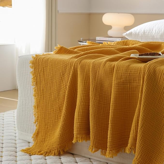 100% Cotton 4-Layer Muslin Blanket with Fringes, 50"x60", Mustard Yellow Throw Blanket, Ultra-Soft Gauze Blanket, Boho Bedding for All Seasons, Breathable for Couch, Bed(Mustard Yellow,Throw)
