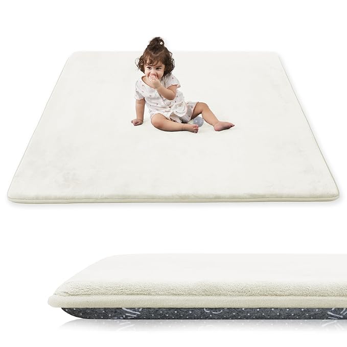 1.3" Thick Baby Play Mat for Floor, 79x79 Playpen Mat, Pro Soft Flannel Foam Mats Toddler Infant Kids Crawling for Nursery Rug Playroom Living Room Waterproof Easy Care Non-Slip (Ivory)