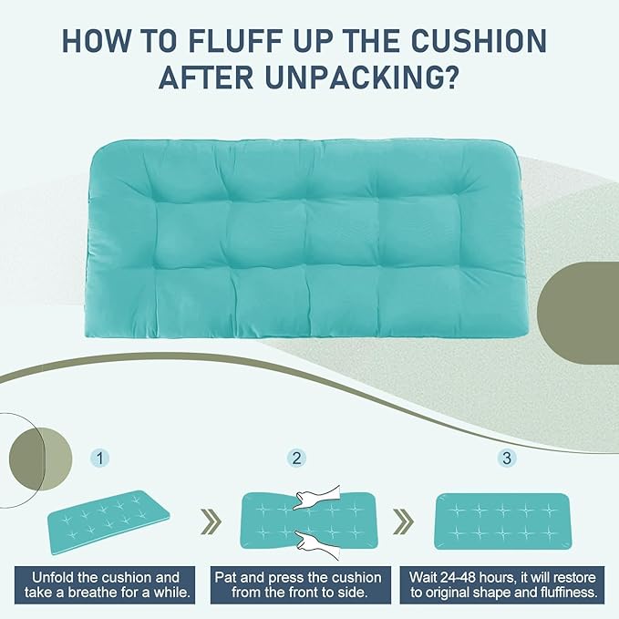 downluxe Outdoor Bench Cushion for Patio Furniture, Water Resistant Tufted Overstuffed Porch Swing Cushions, Thick Outdoor Loveseat Cushions, 44" X 19" X 5", Teal, Set of 1