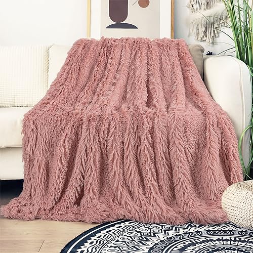 Tuddrom Decorative Extra Soft Fuzzy Faux Fur Throw Blanket 50" x 60",Solid Reversible Long Hair Shaggy Blanket,Fluffy Cozy Plush Comfy Microfiber Fleece Blankets for Couch Sofa Bedroom,Peach Whip - color: Peach Whip, size: Throw-50" x 60"