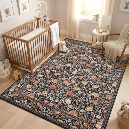 GarveeHome Brown Vintage Floral Washable Rugs 5x7 for Living Room Black Boho Botanical Retro Rug Low Pile Stain Resistance Non Slip Carpet for Bedroom Nursery Dining Room - color: A Brown / Black, size: 5' x 7' (Rectangular)