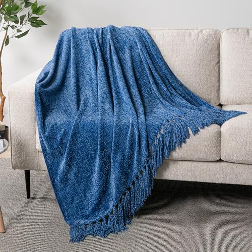 PAVILIA Blue Chenille Throw Blanket for Couch Sofa, Soft Knit Throw with Tassel, Decorative Blanket for Bed Chair Living Room, Blue 50x60 - color: Blue, size: 50 X 60 Inches - Throw