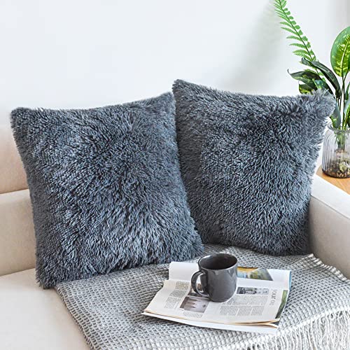 NordECO HOME Luxury Soft Faux Fur Fleece Cushion Cover Pillowcase Decorative Throw Pillows Covers, No Pillow Insert - color: F-dark Grey, size: 24" x 24" (Pack of 2)
