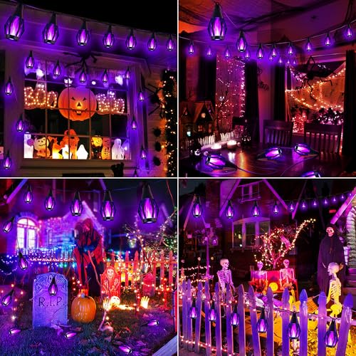 iBaycon Solar Halloween Lights, 27Ft 10 LED Bulbs Flickering Flame String Light, Outdoor Waterproof Solar Flame Lights for Garden Yard Patio Halloween Decorations (Purple) - color: Purple, size: 27FT