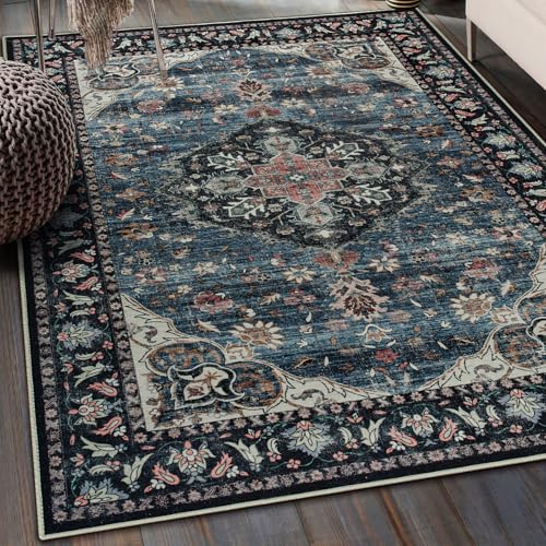 Amearea Vintage Design Navy Blue Area Rugs for Living Room, 4x6 Machine Washable Floral Collection Traditional Bedroom Rug, Low Pile Dinning Room Carpet, No Slip Office Kitchen Home Decor, Navy Blue - color: Dark Blue, size: 4' X 6' (Rectangular)