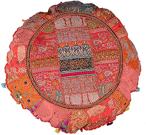 Indian Handmade Patchwork Codework Orange Round Pouf Cover Ottoman Floor Pillow Cushion Seating Throw Decorative Pom Pom Pillow Cases Boho 32 Inches, BFPC0109 - color: Orange