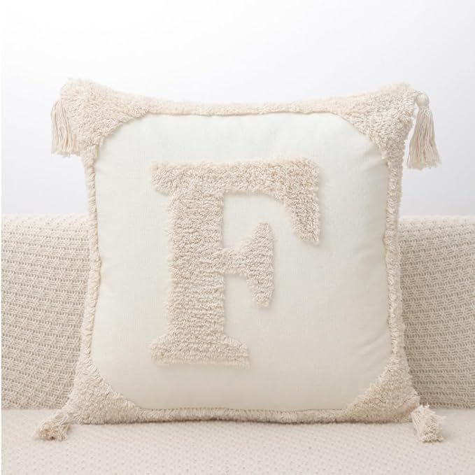 Monogram Pillow Covers with Tassels 18”x18” Modern Cotton Canvas Tufted Alphabet F Throw Pillow Covers for Sofa Couch Bed 26 English Letters Decorative Pillow Case for Sofa Throw Pillows