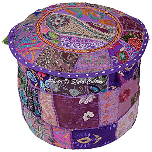 Cotton Fabric Pouf Patchwork Embroidered Ottoman Stool Pouffe Cover Purple Floral Furniture Indian Ethnic Decor Bean Bag Home - color: Purple