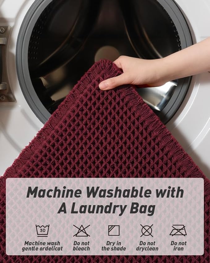 Upgraded Waffle Runner Rug, Super Absorbent Non Slip Bath Mats for Bathroom Floor, Washable Bathroom Runner Rug with Tassels, Ideal for Hallway Bedroom Laundry Room, Burgundy, 2'x 5'(24" x 60")