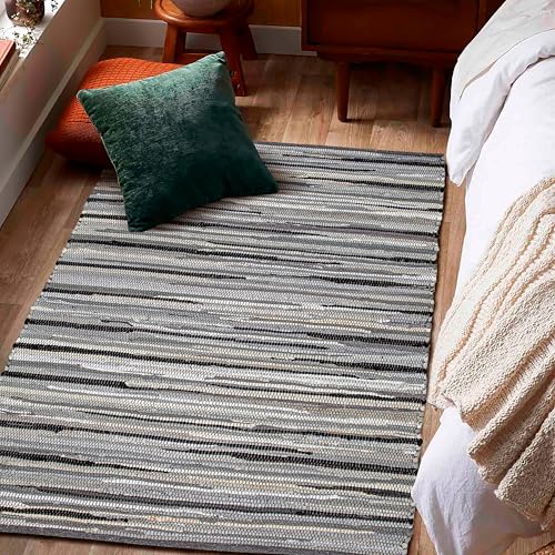Cotton Hand Woven Chindi Rug 3x5 Feet - Charcoal, Farmhouse Stripe Reversible Throw Indoor Decorative Carpet Ideal for Hallway, Kitchen, Living Room | Grey Large Area Floor Rag Rugs for Patio - color: Charcoal, size: 3 x 5 feet