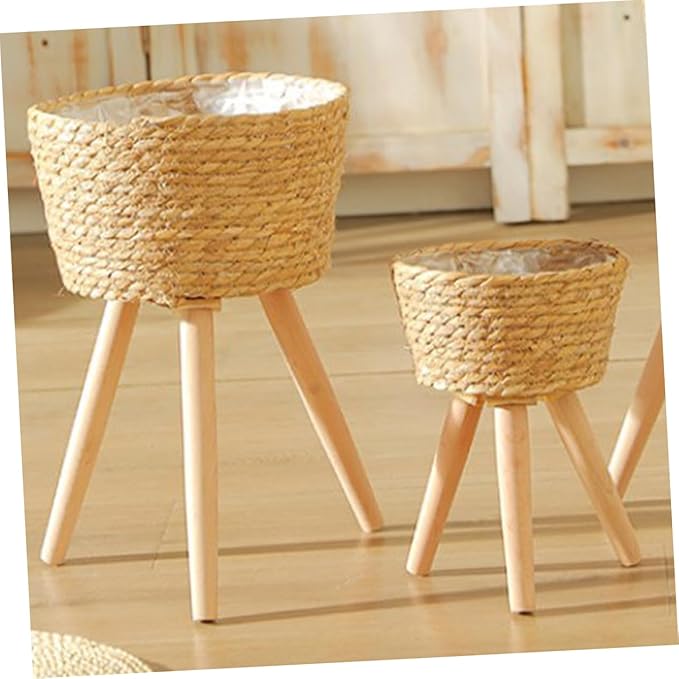 Wooden Woven Vines Plant Pot Stand for Living Room Decor Boho Style Garden Home