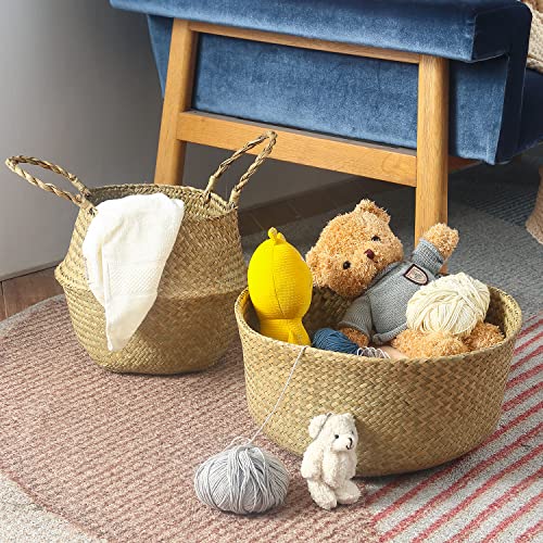 BrilliantJo Seagrass Belly Basket, Set of 2 Woven Plant Pot Holder handmade Home Decor for Storage Plants Picnic Grocery Medium(10.63 x 9.44 inch) - size: M(Set of 2)