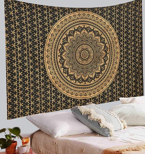 ANJANIYA Ombre Wall Hanging Bohemian Tapestry, Metallic Wall Art Bedspread, Psychedelic Hippie Mandala Dorm Décor for Hanging, Bedding, Beach Coverlet Curtain, Black Gold 85"X90" - color: Black Gold, size: 90"L x 85"W
