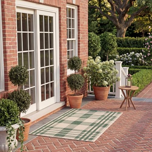 SAFAVIEH Courtyard Collection 2' x 3'7" Green/Beige CY6201 Modern Farmhouse Plaid Indoor/ Outside Waterproof Easy cleansingPatio Backyard Mudroom Accent Mat - color: Green/Beige, size: 2' x 3'7" (Rectangular)
