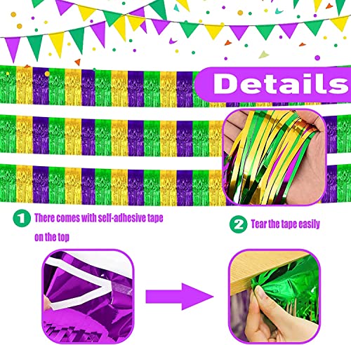 6 Pack 10 Feet Mardi Gras Foil Fringe Garland Metallic Tinsel Streamers Banner Wall Hanging Backdrop Banner for Parade Floats, Valentine's Day, Wedding, Birthday Party Decorations Gold Green Purple - color: Gold Green Purple