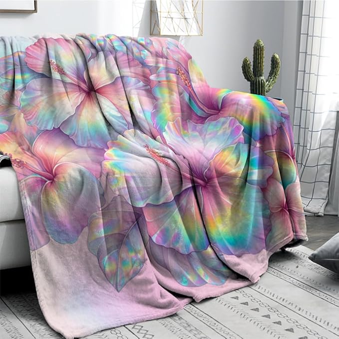 Rainbow Hibiscus Throw Blanket Soft Flannel Fleece Bed Blanket Tropical Flowers Hibiscus Throw Blanket All Season Warm Fuzzy Light Weight Cozy Plush Blankets for Living Room Bedroom 70"x80"