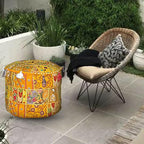 Aakriti Indian Footstool with Embroidery Pouf, Indian Cotton, Pouf, Ottoman Pouf Cover with Ethnic Decor Art – Cover (Yellow, 46 x 33 cm)