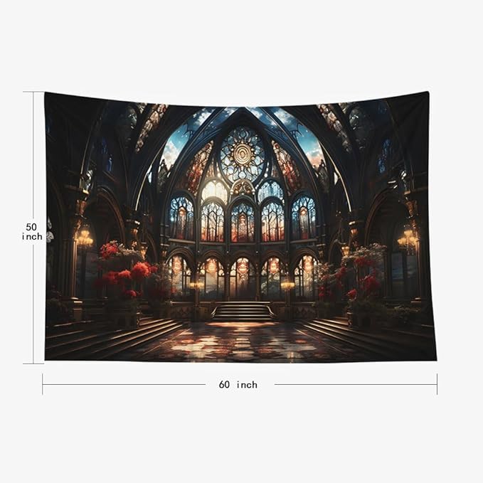 EMMTEEY Gothic Cathedral Tapestry for Men 60X50 Inch - Vintage Interior Wall Decoration Medieval Fantasy Backdrop for Bedroom Dorm