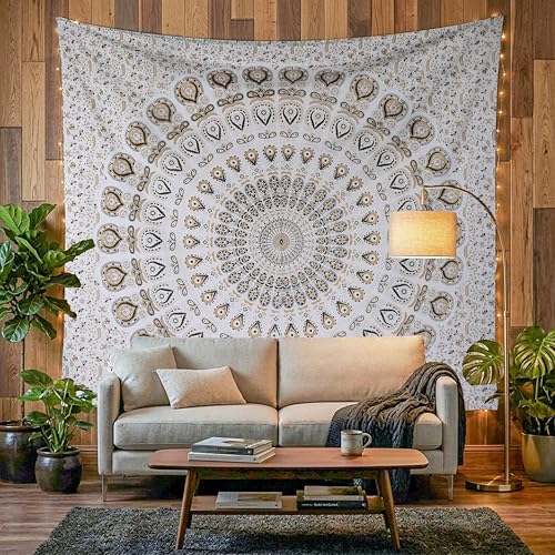FURNISHFUL FINESSE Handmade Cotton Peacock Mandala Tapestry - White Gold Indian Boho Wall Decor, Shimmery Bohemian Hippie Room Hanging - 54x84 Inches, (White Gold) - color: White Gold, size: 84"L x 54"W
