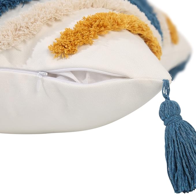 JASEN Boho Throw Pillow Covers, Woven Tufted Decorative Pillow Covers with Tassel Diamond Pattern Pillow Covers for Couch Sofa Bedroom Living Room No Pillow Insert, (Blue, 18 x 18-Inch)