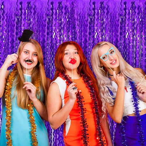 Tinsel Foil Fringe Curtains Wavy Backdrop for Parties Sparkle Metallic Wavy Foil Fringe Backdrop Curtain for Party Decorations Photo Booth Props for Birthday Graduation Wedding - color: Purple, size: 5 Pack