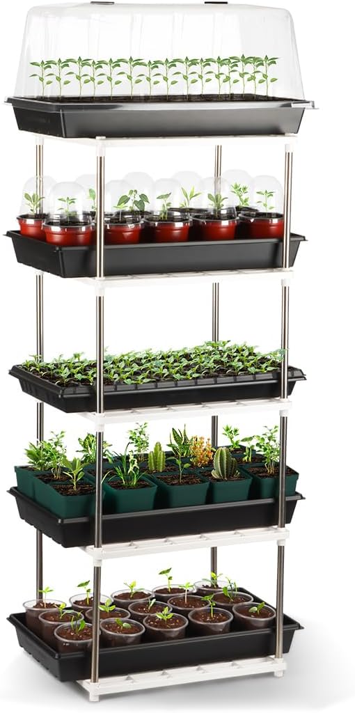 5 Layer Seed Starter Tray, Plant Stand, Storage for Nursery Pot Seedling Cell Tray Container Indoor/Outdoor Plant Rack Holder (White)