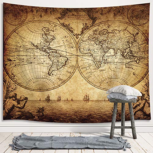 JAWO Old World Map Tapestry, Vintage Wanderlust Pirate Map Tapestry Wall Hanging For Bedroom, Historical Atlas Tapestries Poster Beach Blanket College Dorm Home Decor (71W X 60H) - size: 60"L x 71"W