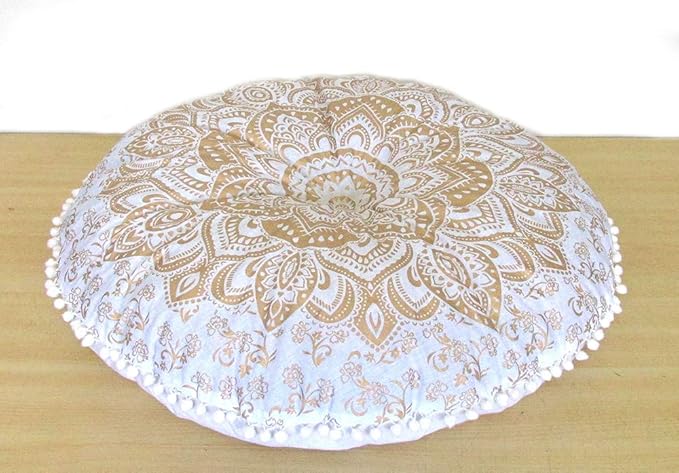 CRAFT KALA Mandala Floor Pillow Cushion Cover Seating Throw Cover Hippie Decorative Bohemian Ottoman Poufs Pom Pillow Cases Boho Indian Cotton Living Room Yoga Home Décor 24" Round, White Gold Flower