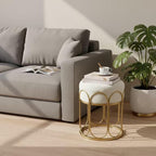Already Installed Modern Gold metal Round Vanity Stool - White Sherpa Ottoman & Gold Frame Pouf, 17.7" Boucle Fuzzy Foot Rest for Bedroom Makeup, Small Plush Mid Century Chair (300lbs Capacity)