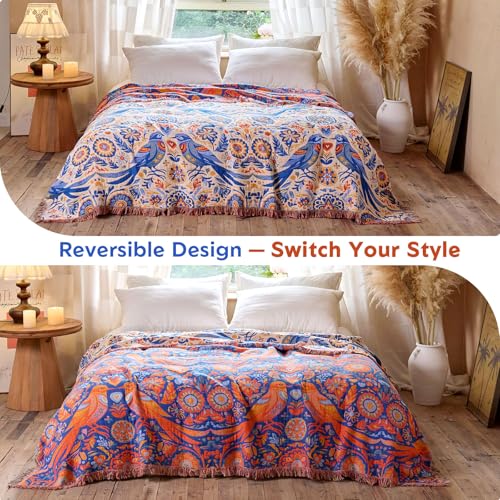 Boho Throw Blanket 60"x80" 100% Cotton Twin Bed Bird Blanket, Reversible Breathable Lightweight Spring Decorative Tassel Blankets for Couch Sofa Decor - color: Lovebirds-blue, size: 60''x80''