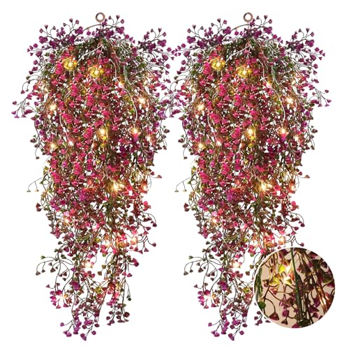 RECUTMS 4Pcs Fake Ferns Artificial Hanging Plants with 30 LED Lights Ivy Flowers Large Faux Hanging Plant for Indoor Outdoor Room Garden Porch Wedding Party Decorations (Fuchsia) - color: Fuchsia-light
