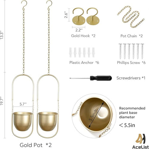 AceList Boho Hanging Planter for Indoor Plants - Set of 2 Gold Metal Wall Planter 5.7Inch with Hooks and Chins, Plant Hanger Decor for Window and Patio - Suitable for Hanging Plants Decor
