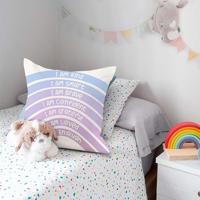 QIYUHOY Rainbow Classroom Throw Pillow Covers, Book Center Calming Corner Playroom Decor Pillow Case, Purple Pillow Cover, I Am Kind Smart Brave Confidence 18x18 Inch Pillowcase（Royal Purple）