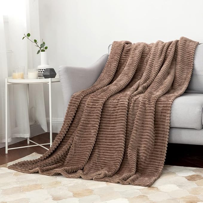 MIULEE Fleece Throw Blanket for Couch 300GSM Super Soft Lightweight Plush Striped Blanket, Brown Warm Cozy Breathable Ribbed Flannel Blanket for Bed/Sofa, Throw Size 50"x60"